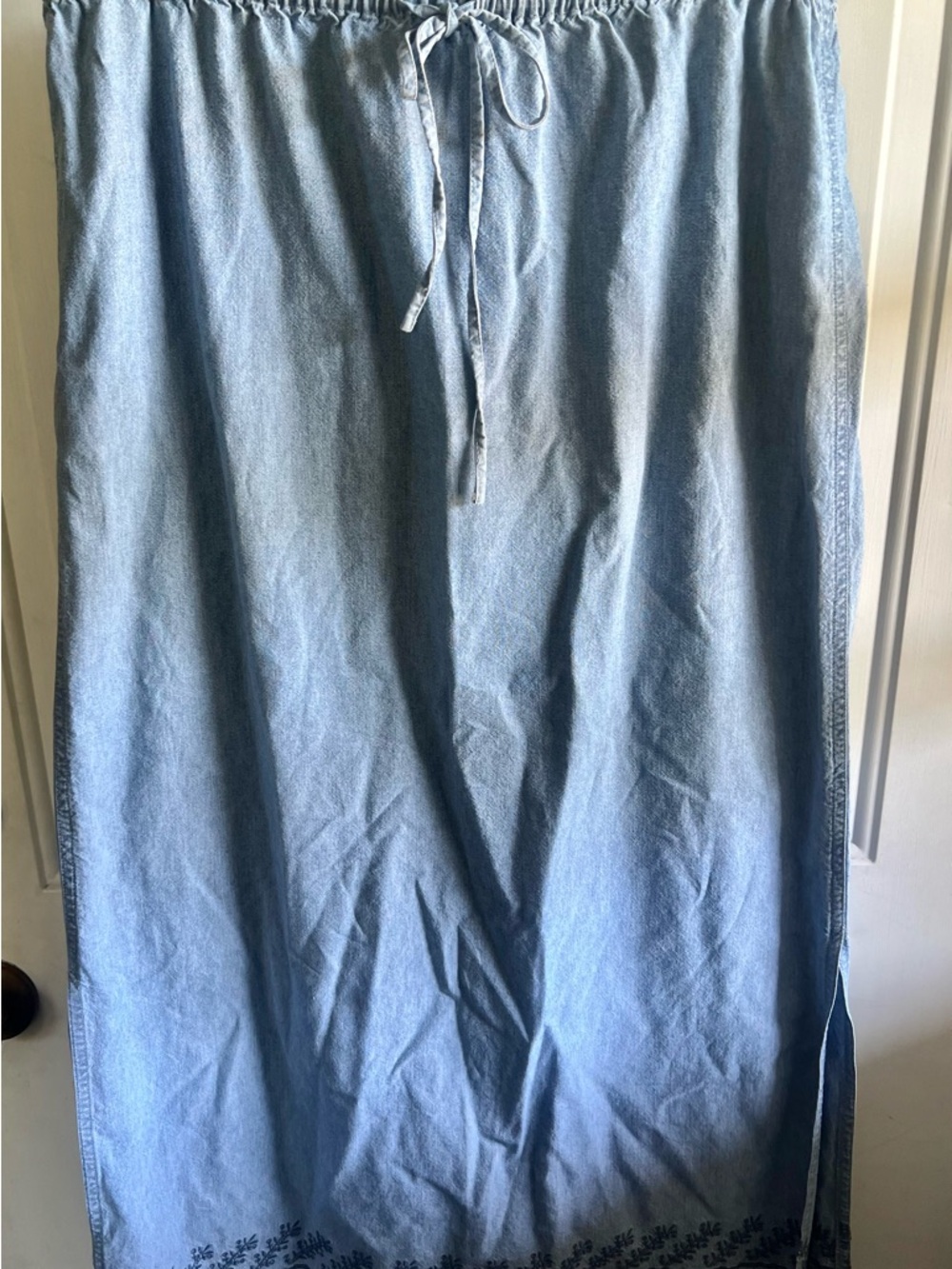 Vintage Light Wash Denim Maxi Skirt with Drawstring Waist and embroidered bottom